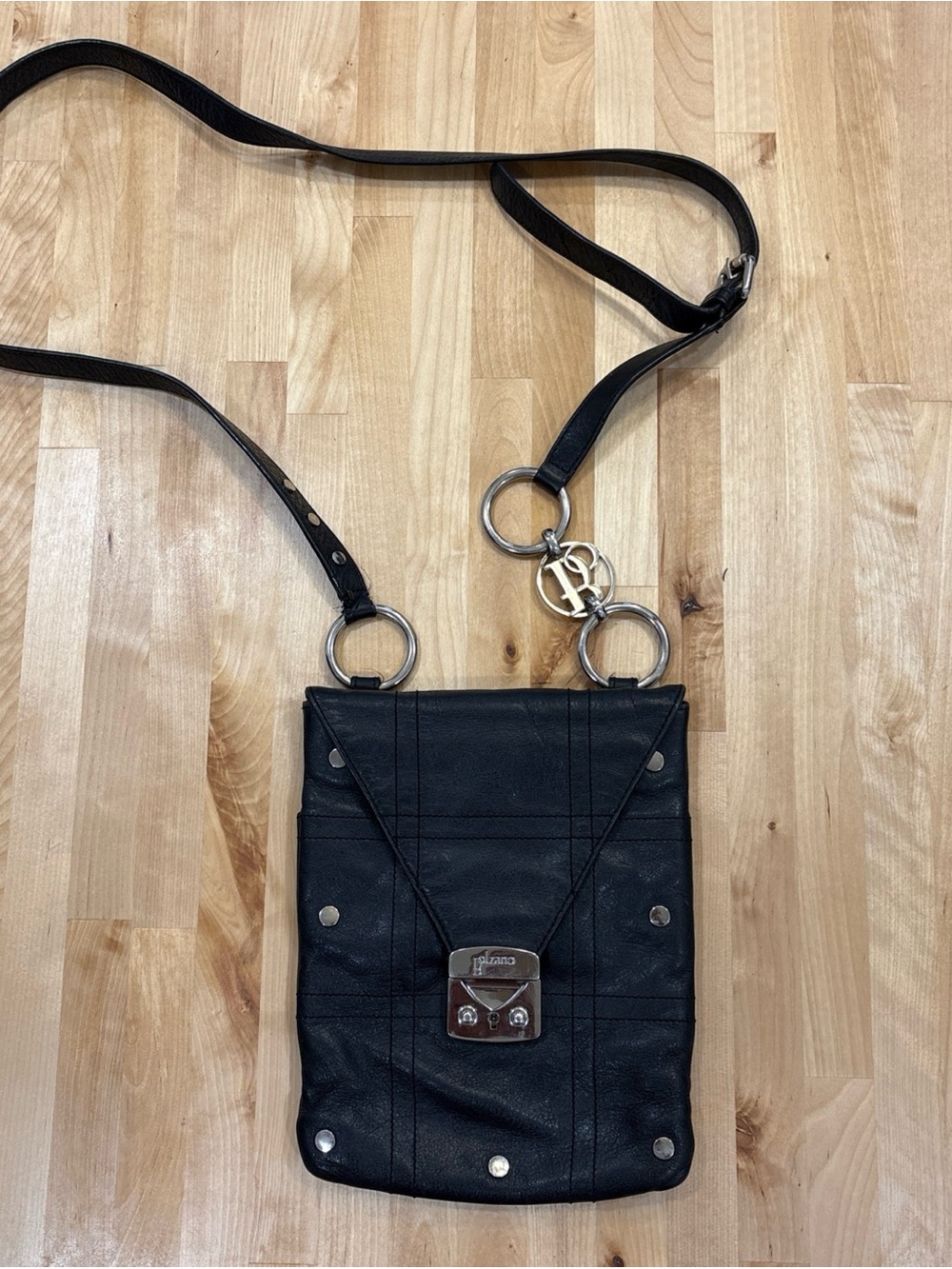Bolzano Black Leather Crossbody Purse Silver key lock hardware